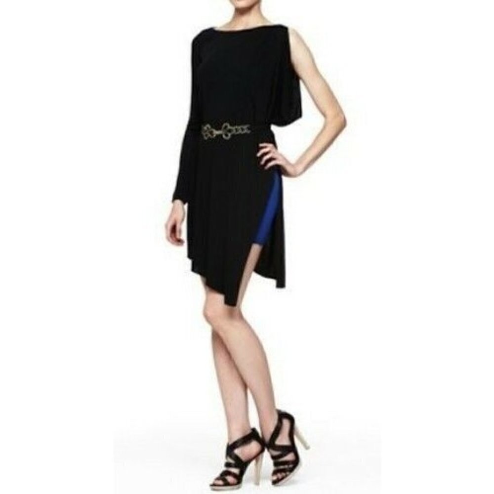 BCBGMaxAzria Women's S Small Combo Dress Layered Decorative Belt Flutter Sleeve
